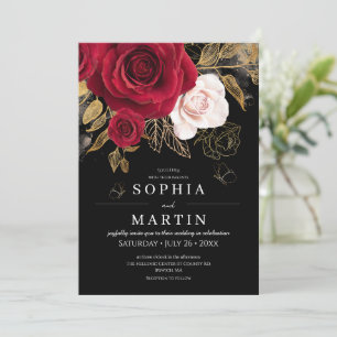 Moody Red Roses Gold Elegant Flower Wedding Invitation