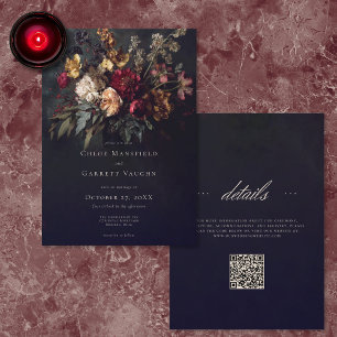 Moody Romantic Dark Floral Gothic QR Code Wedding Invitation
