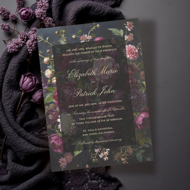Moody Romantic Dark Formal Modern Classic Wedding Invitation (moody dark wedding invitation romantic gothic romance burgundy purple pink black gold elegant formal)