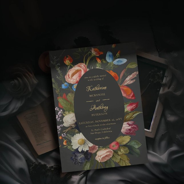 Moody Romantic Gothic Reds Floral Dark Wedding Invitation (moody romantic wedding invitation red blue floral frame painting dutch masters elegant gothic dark)