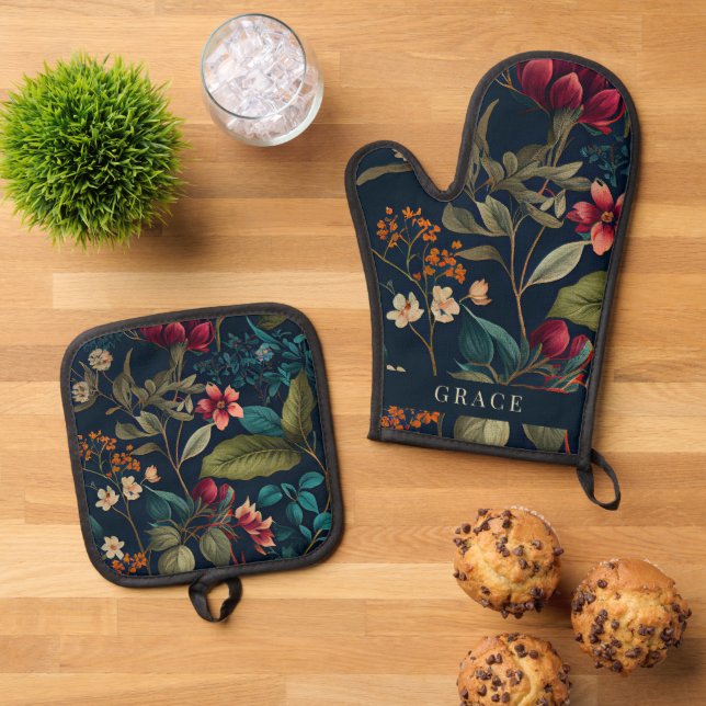Moody Romantic Navy Blue Floral Oven Mitt & Pot Holder Set (Top Down)
