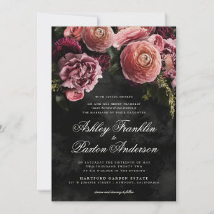 Moody Romantic Pink Floral Bouquet on Black Invitation