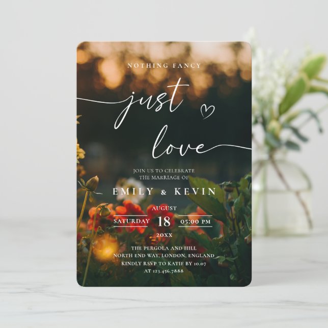 Moody Romantic Script Floral Photo Wedding  Invitation (Standing Front)