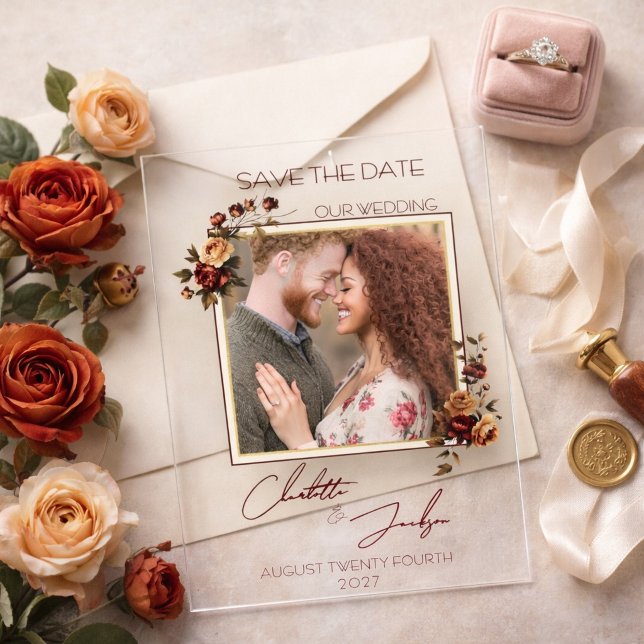 Moody Rust Rose Photo Autumn Wedding Save the Date Acrylic Invitations (Creator Uploaded)
