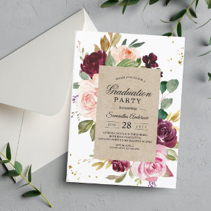 Moody & Rustic Burgundy Kraft Floral Frame & Gold  Invitation