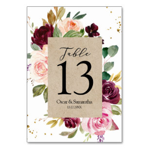 Moody & Rustic Burgundy Kraft Floral Frame & Gold  Table Number