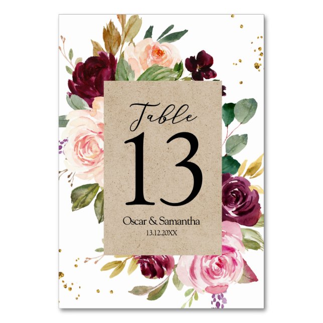 Moody & Rustic Burgundy Kraft Floral Frame & Gold  Table Number (Front)