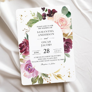 Moody & Rustic Burgundy Watercolor Flowers Frame Invitation