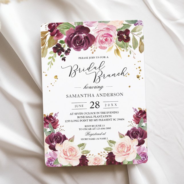 Moody & Rustic Burgundy Watercolor Flowers & Leaf Invitation (Creator Uploaded)