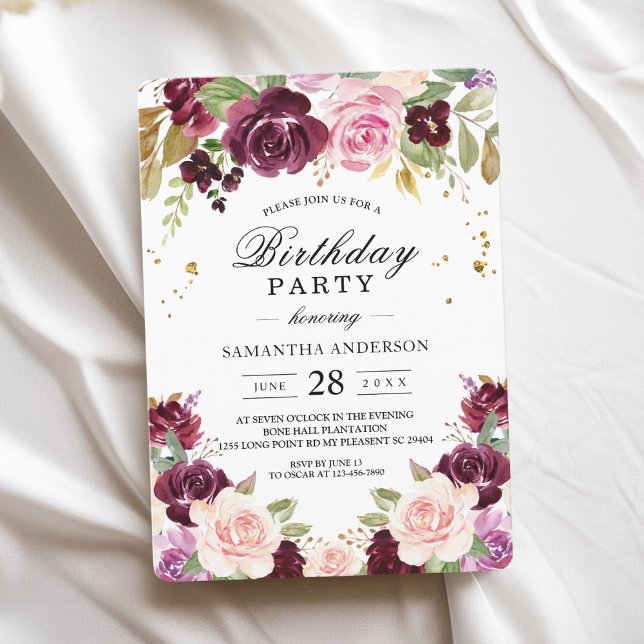 Moody & Rustic Burgundy Watercolor Flowers & Leaf Invitation (Creator Uploaded)