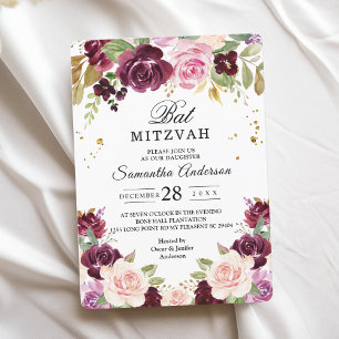 Moody & Rustic Burgundy Watercolor Flowers & Leaf Invitation