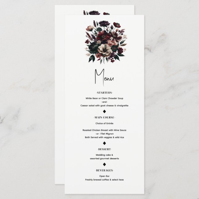Moody Rustic Garden Florals Bohemian Wedding Menu (Front/Back)