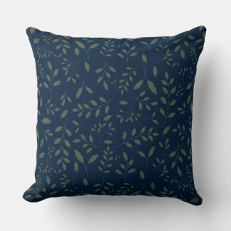 Moody Sage Green Leaves Navy Pattern Cushion