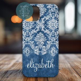 Moody Sapphire Blue Vintage Damask Pattern Name Case-Mate iPhone 14 Plus Case