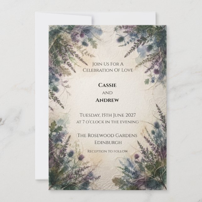 Moody Scottish Thistle Fern Celtic Wedding Invitation (Front)