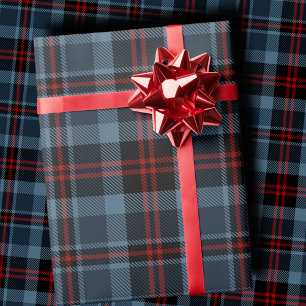 Moody Slate Blue and Deep Red Tartan Plaid Wrapping Paper
