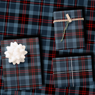 Moody Slate Blue and Deep Red Tartan Plaid Wrapping Paper Sheet