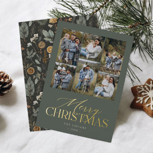 Moody Spruce Green Photo Collage Gold Foil Holiday Card
