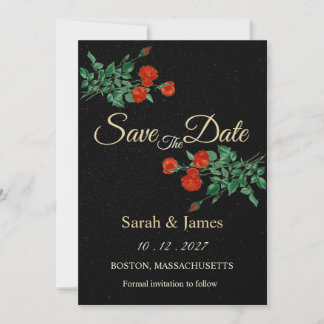Moody Starry Night Crimson Roses Save the Date Invitation