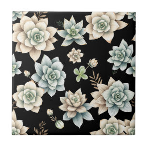 Moody Succulent Rosette Black Botanical Luxury  Ceramic Tile