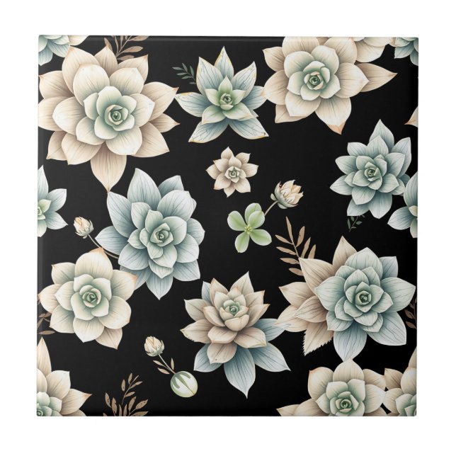 Moody Succulent Rosette Black Botanical Luxury  Ceramic Tile (Front)