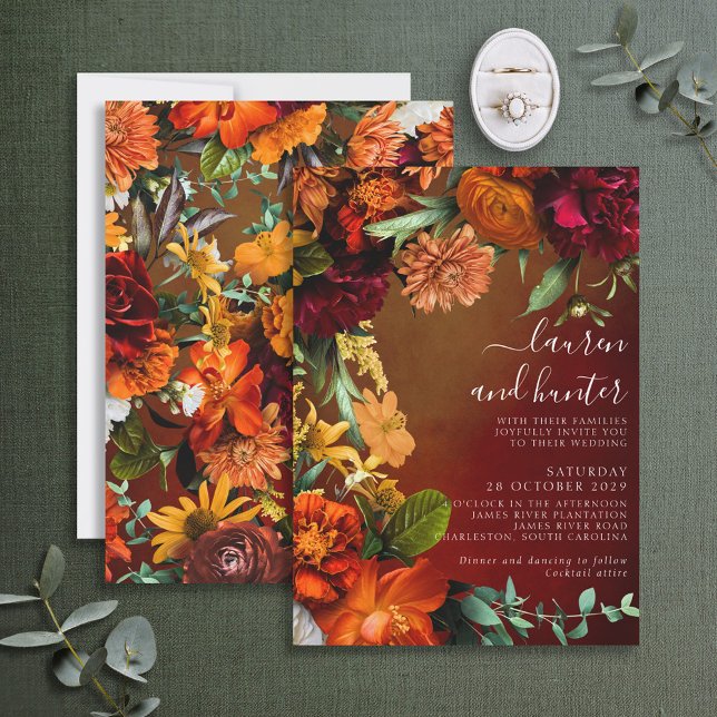 Moody Sunset Colours Floral Script Wedding Invitat Invitation (Creator Uploaded)