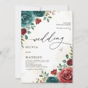 Moody Teal and Burgundy Floral Botanical Wedding Invitation