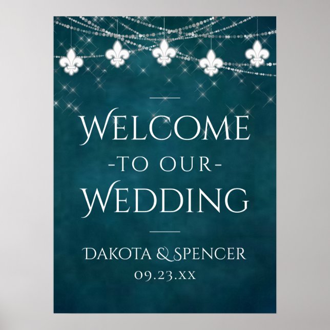 Moody Teal Fleur de Lis Light | Wedding Welcome Poster (Front)