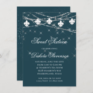 Moody Teal Fleur de Lis String Lights Sweet 16 Invitation