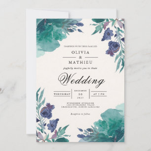 Moody Teal Floral Bloom Wedding Invitation