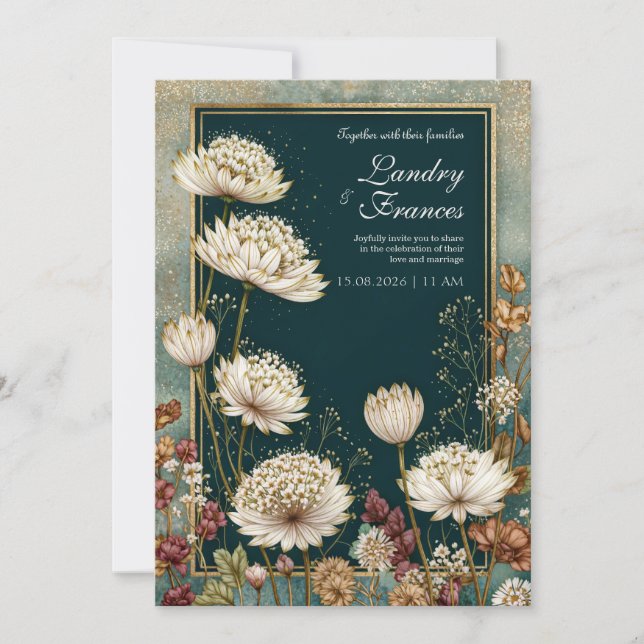 Moody Teal Gilded Astrantia Wedding Invitation (Front)