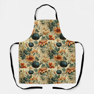 Moody Teal Pumpkin Autumn Floral Vintage Apron