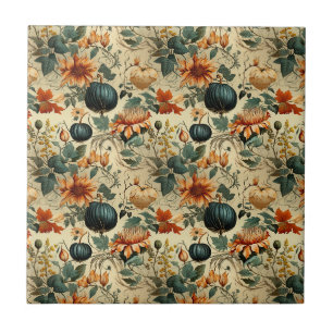 Moody Teal Pumpkin Autumn Floral Vintage Ceramic Tile