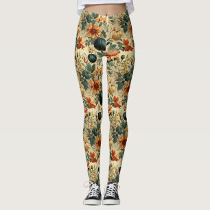 Moody Teal Pumpkin Autumn Floral Vintage Leggings