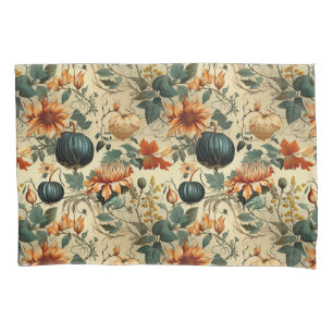Moody Teal Pumpkin Autumn Floral Vintage Pillowcase