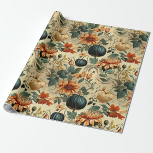 Moody Teal Pumpkin Autumn Floral Vintage Wrapping Paper