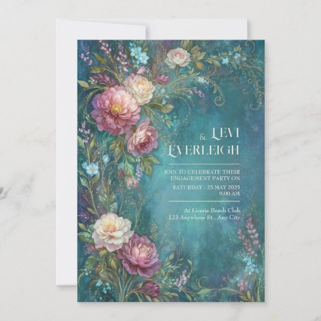 Moody Teal Watercolor Romantic Peony Wedding Invitation (Front)