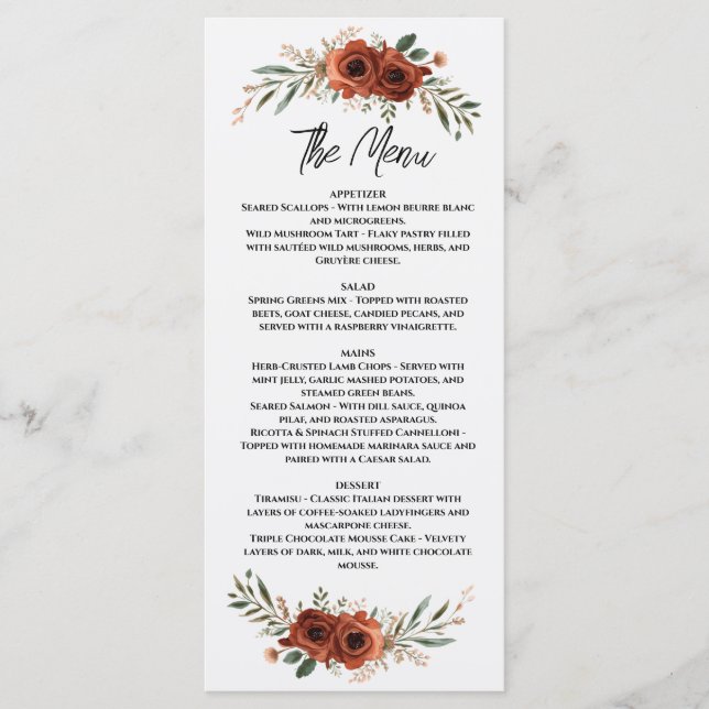 Moody Terracotta Floral Boho Wedding Menu (Front)