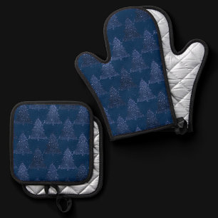 Moody Tree Pattern Classy Navy Blue Christmas Oven Mitt & Pot Holder Set