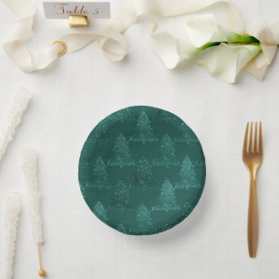 Moody Tree Pattern Dark Midnight Teal Christmas Paper Plate