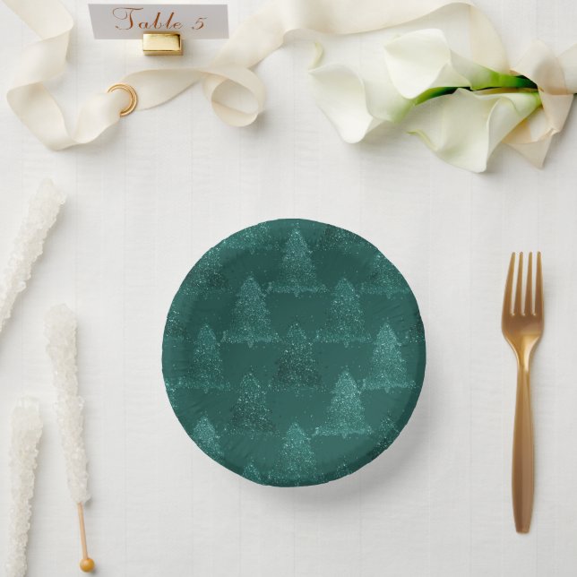 Moody Tree Pattern | Dark Midnight Teal Christmas Paper Plate (Wedding)