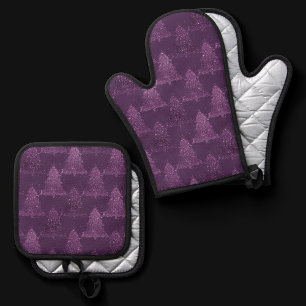 Moody Tree Pattern Deep Plum Purple Christmas Oven Mitt & Pot Holder Set