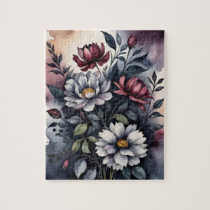 Moody Vintage Botanical Watercolor Floral Pattern Jigsaw Puzzle