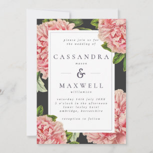 Moody Vintage Charcoal & Pink Peony Wedding Invitation