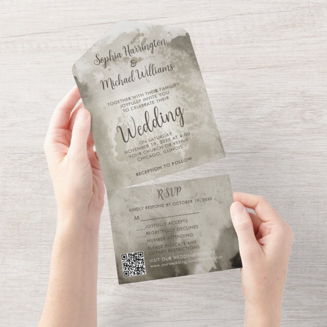 Moody Watercolor All in One Wedding Invite Brown (Tearaway)