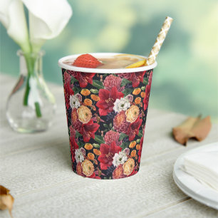 Moody Watercolor Amaryllis and Autumn Flowers Paper Cups