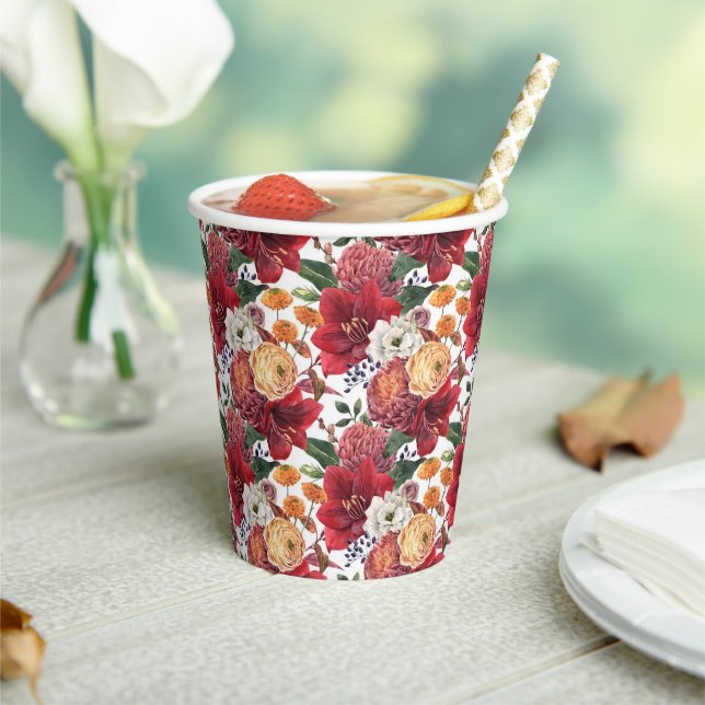 Moody Watercolor Amaryllis and Autumn Flowers Paper Cups (Insitu)