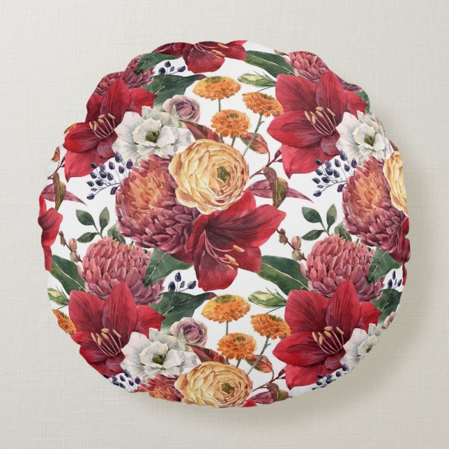 Moody Watercolor Amaryllis and Chrysanthemum Round Cushion (Front)