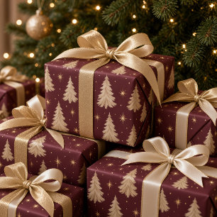 Moody Watercolor Cream Christmas Tree Burgundy Wrapping Paper