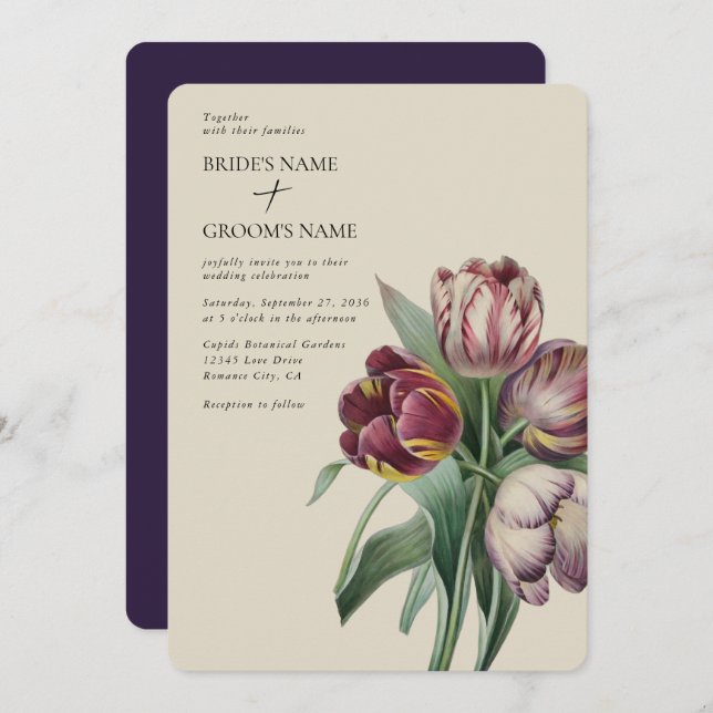 Moody Watercolor Purple Tulips Wedding Invitation (Front/Back)
